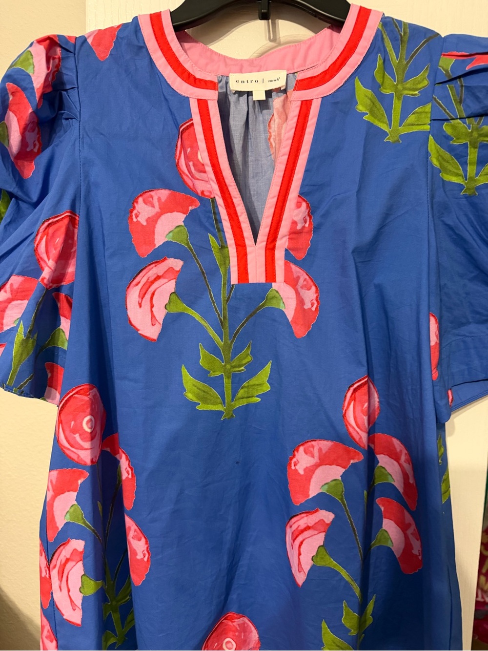 Ella Moss Blue Floral Tunic with Pink Trim by Entro size small